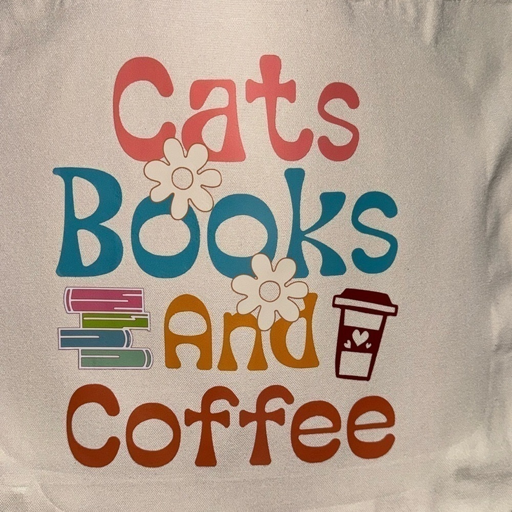 Canvas tote bag cats books & coffee double strap NEW library bag